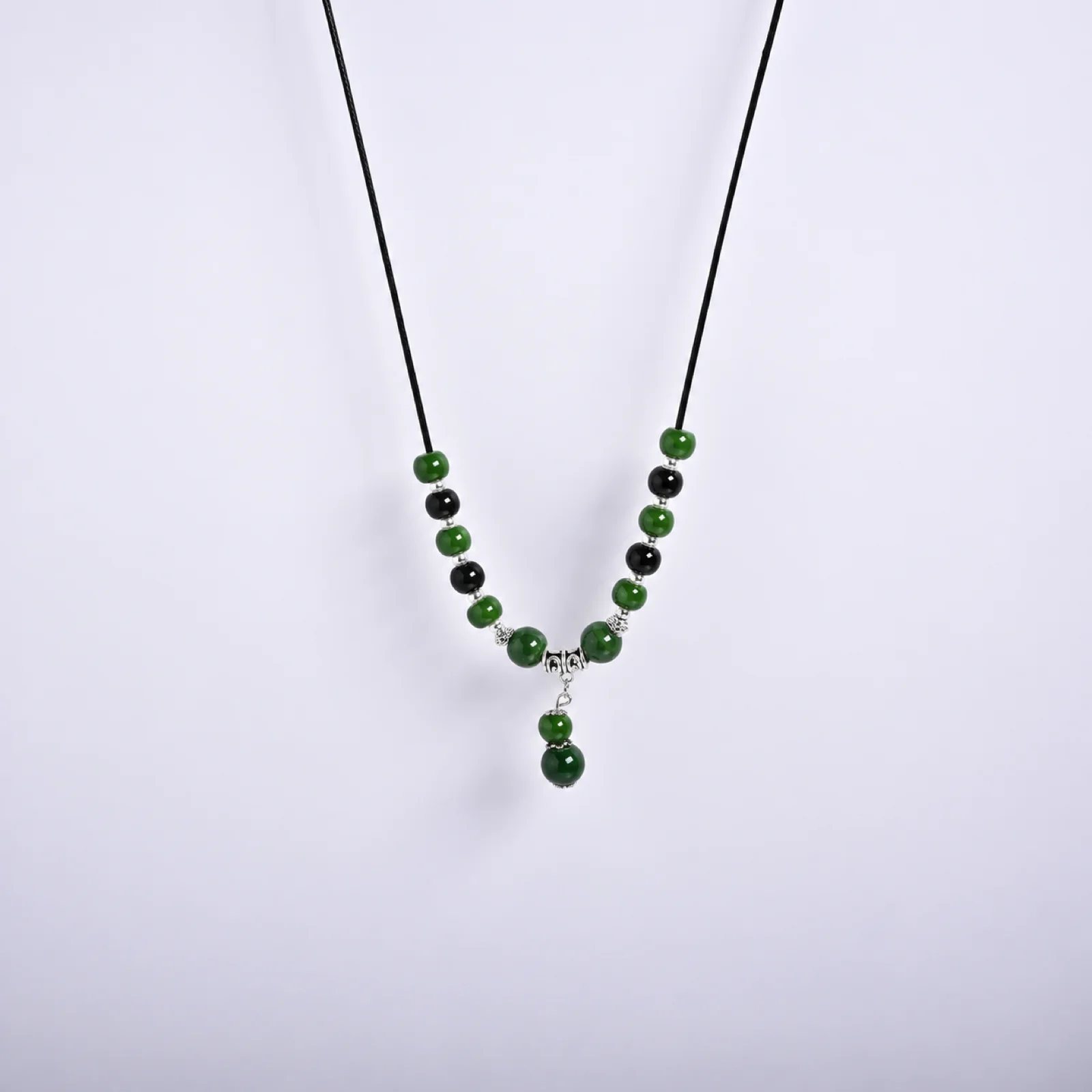 Handmade Ceramic Necklace with Hand-Braided Waxed Cord,Metal Findings and Blue Fu Character Charm Artisan 609P2-14