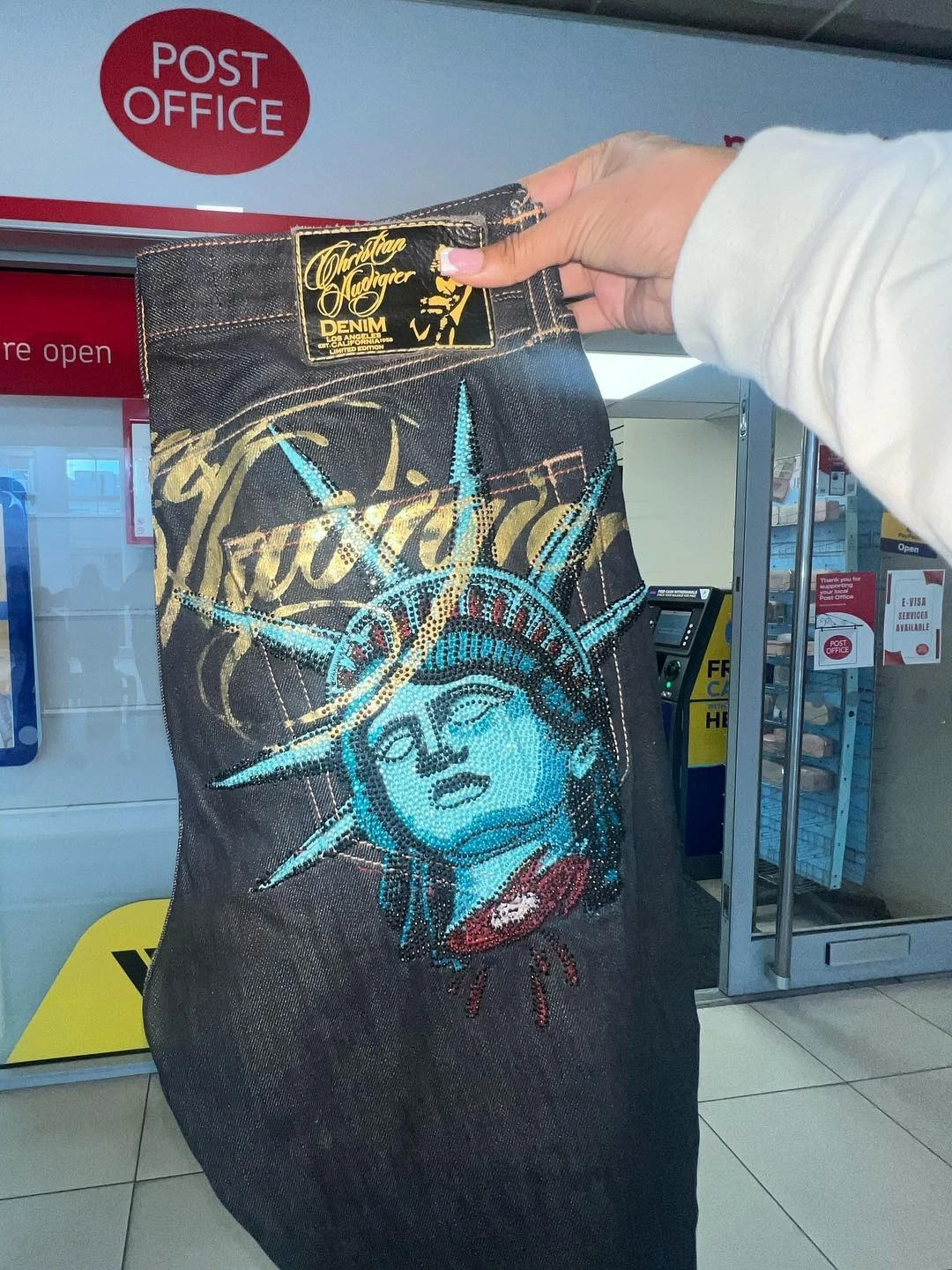 

Retro Statue Liberty Sequin Rhinestone Jeans Men Straight Jean Denim Baggy Wide Leg Pants Harajuku Y2k New York 90s Men Clothing