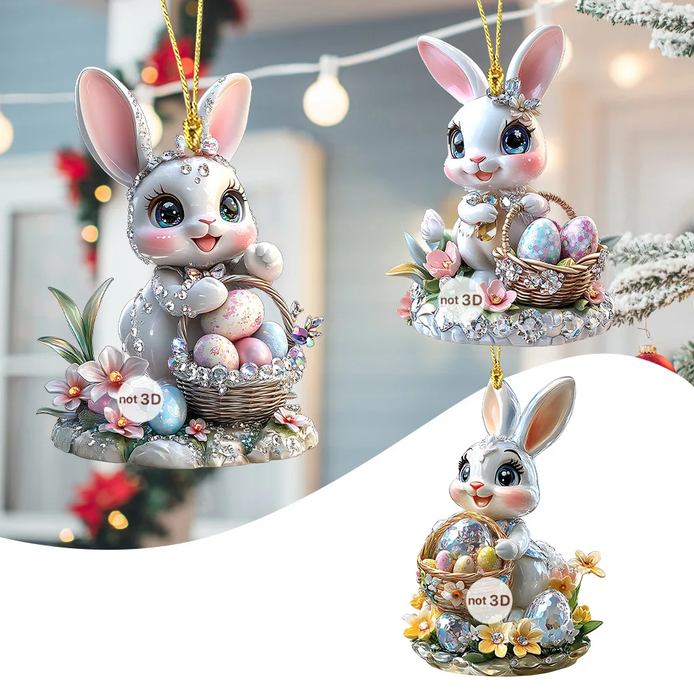 Acrylic 2D Flat Easter Rabbit Egg Keychain Charm Car Backpack Hanging Pendant Easter Party Home Decoration Kids Gift