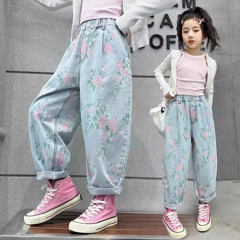 Girls Spring Denim Pants Children's Casual Wide Leg Harlan Trousers Chinese Style New Arrival Kids Clothing for Ages 12