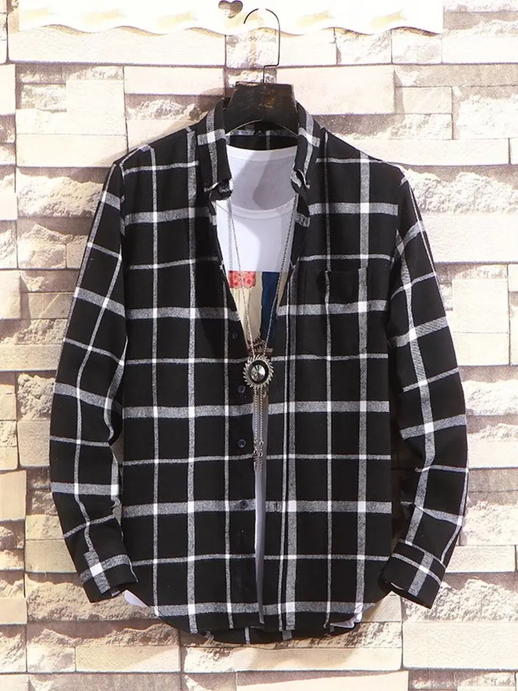 

Японская мужская клетчатая рубашка в стиле кэжуал для весны и осени, свободного кроя, с длинным рукавом, модная черно-белая клетчатая верхняя одежда