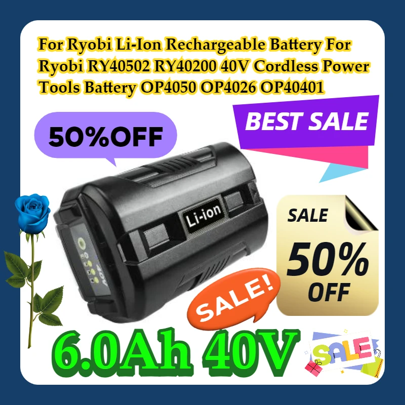 

For Ryobi 6.0Ah 40V Li-Ion Rechargeable Battery For Ryobi RY40502 RY40200 40V Cordless Power Tools Battery OP4050 OP4026 OP40401