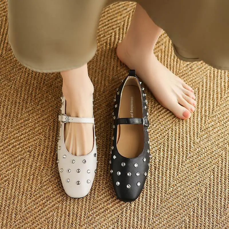 Krazing Pot Cow Skin Round Toe Women Summer Diamond Modern Street Wear Ballet Dancer Shallow Crystal-studded Comfortable Flats
