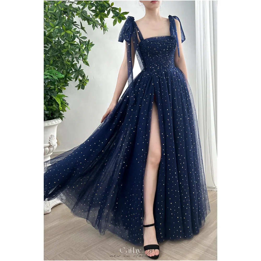 Cathy Navy Blue Side fessura paillettes abiti da festa tessuto a rete Spaghetti Strap vestidos de noiva Backless abiti da sera 2024