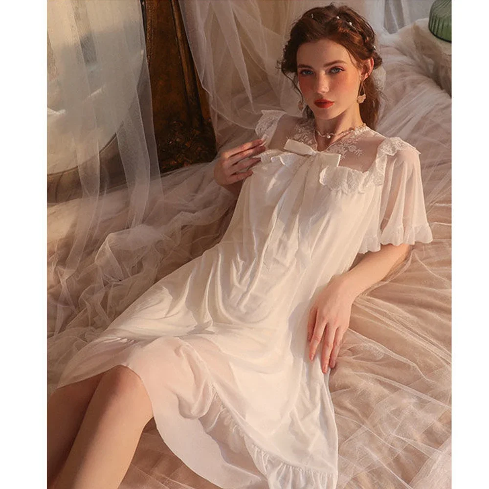 2025 Summer New European Court Style Short-sleeved Pajamas French Mesh Knee-length Nightgown Dress Fashion Princes White Dresses