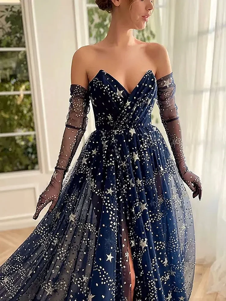 Sexy Navy Blue Evening Dress Stylish Satin A-Line Strapless Sleeveless V-Neck Shining Star Side Split Formal Party Prom Dress