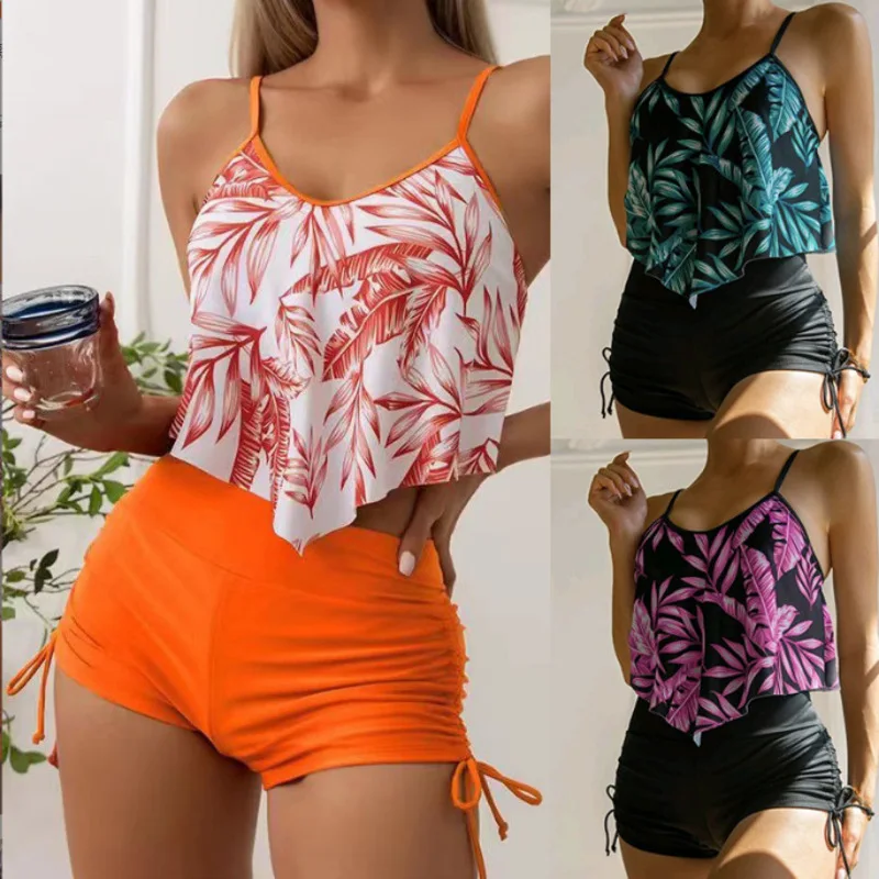 New Swimsuit Printed Multi-color Large Lotus Leaf Chest Strap Drawstring Boxer Bikini Swimwear