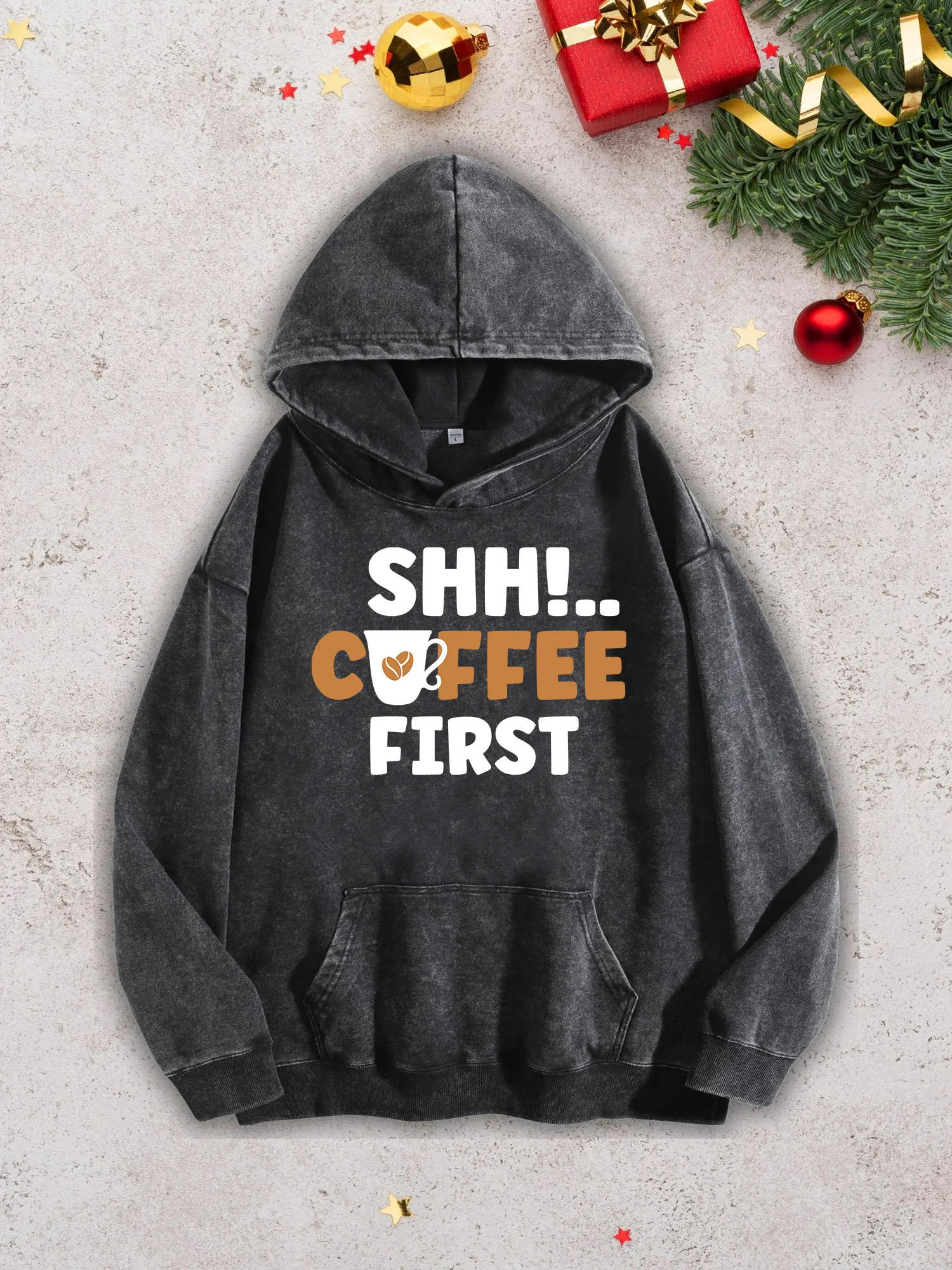

Shhh Coffee First Men's Heavyweight Hoodie - Acid Wash Retro Black Pullover, Fall & Winter Sweatshirt 400Gsm