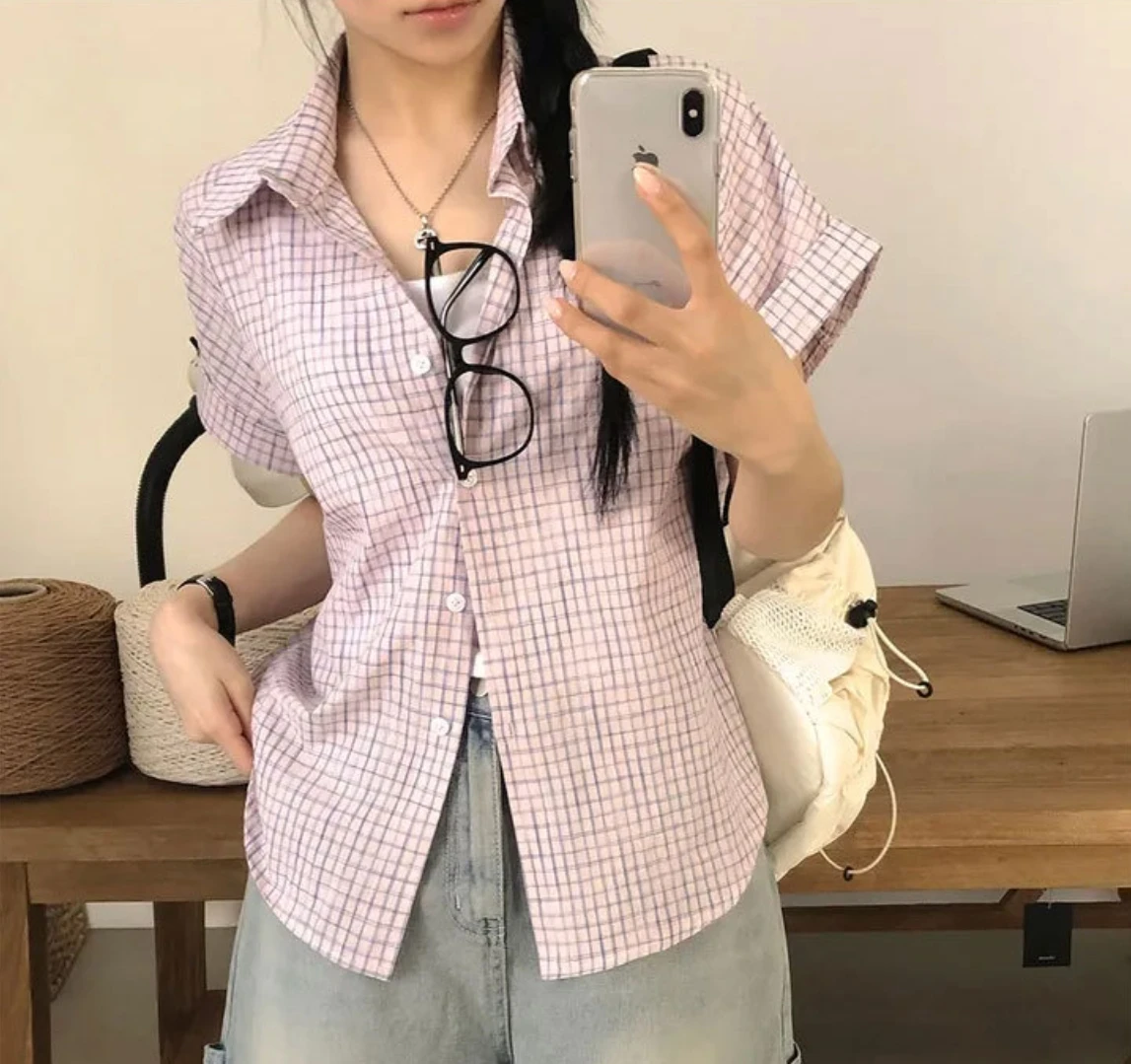 Summer  Short Sleeve Plaid Casual Shirt Women's Loose Slimming Korean Style Button up Cardigan Top Trendy Clothing