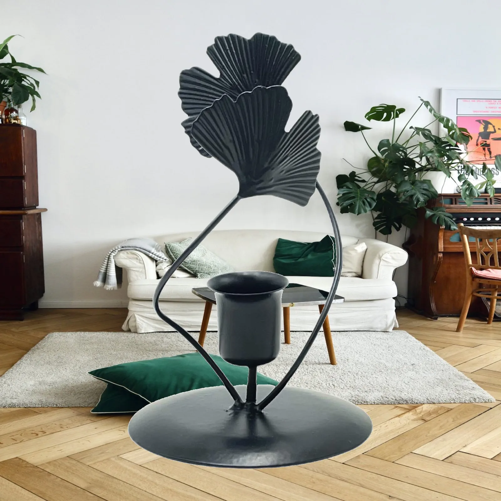 Taper Candle Holder with Ginkgo Sculpture Table Centerpiece Multifunctional Table Ornament for Bedroom Traditional