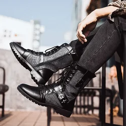 Men's Punk Boots Street Motorcycle Boots Side Zip Buckle Strap Mens Boots Casual Leather Jazz Boots Lace Up Boots Erkek Ayakkabı