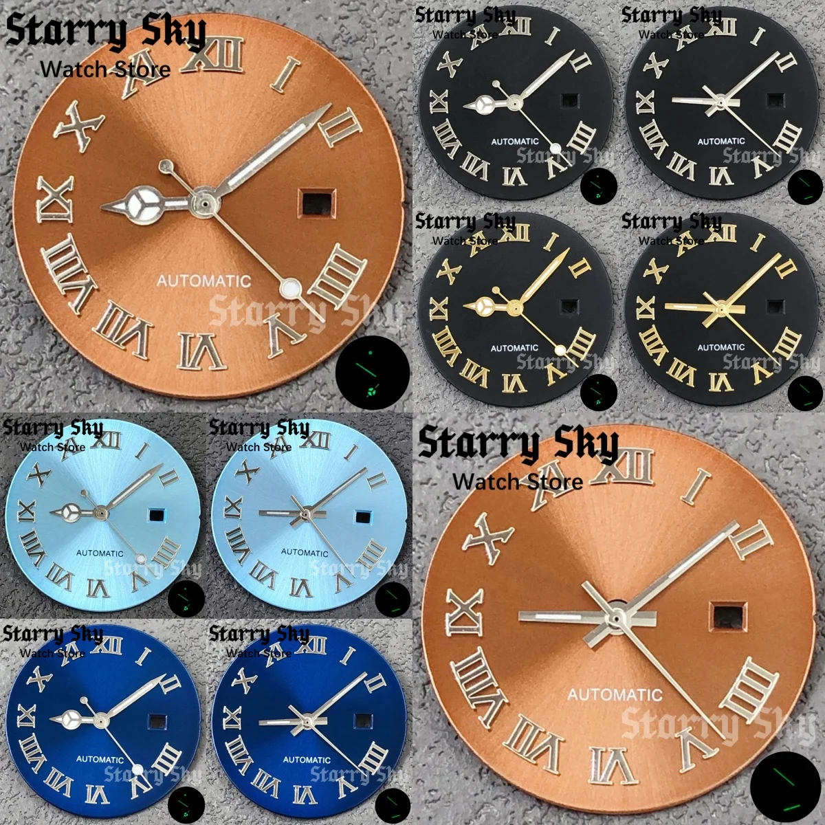 

Звездное небо 24,5 мм черный/кофейный/синий римский номер дата циферблат с зелеными светящимися стрелками часов часть подходит для механизма NH05