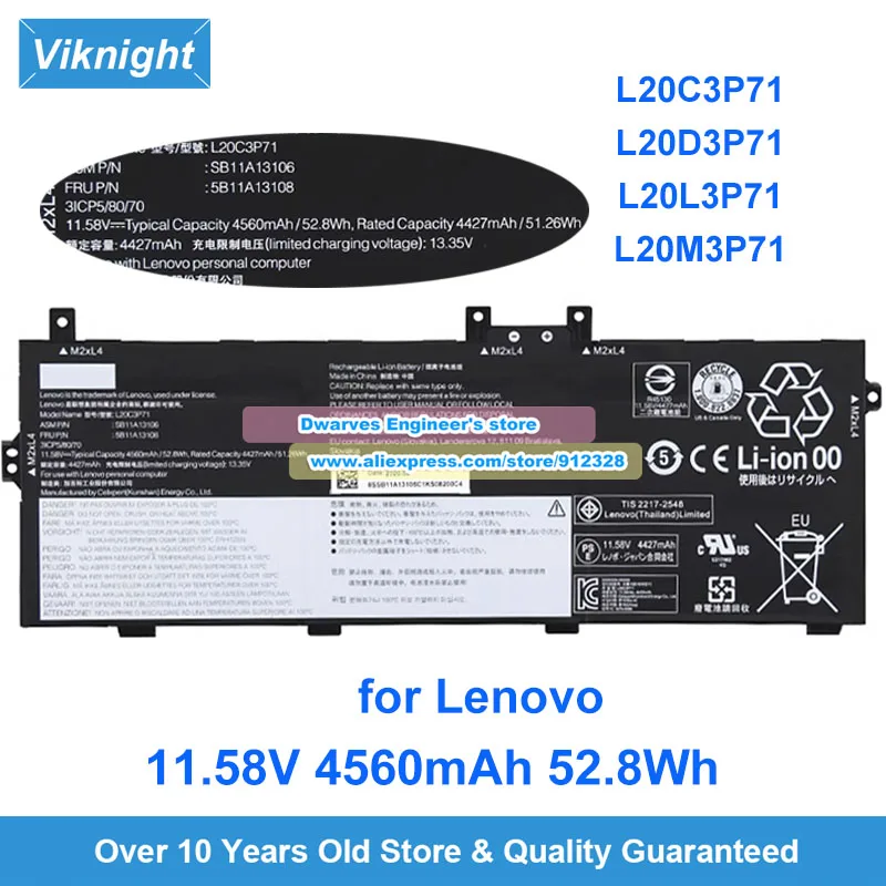 

Genuine 11.58V 4560mAh 52.8Wh Battery L20C3P71 for Lenovo ThinkPad X13 Yoga G2 20W8 Laptop Battery L20D3P71 L20L3P71 L20M3P71