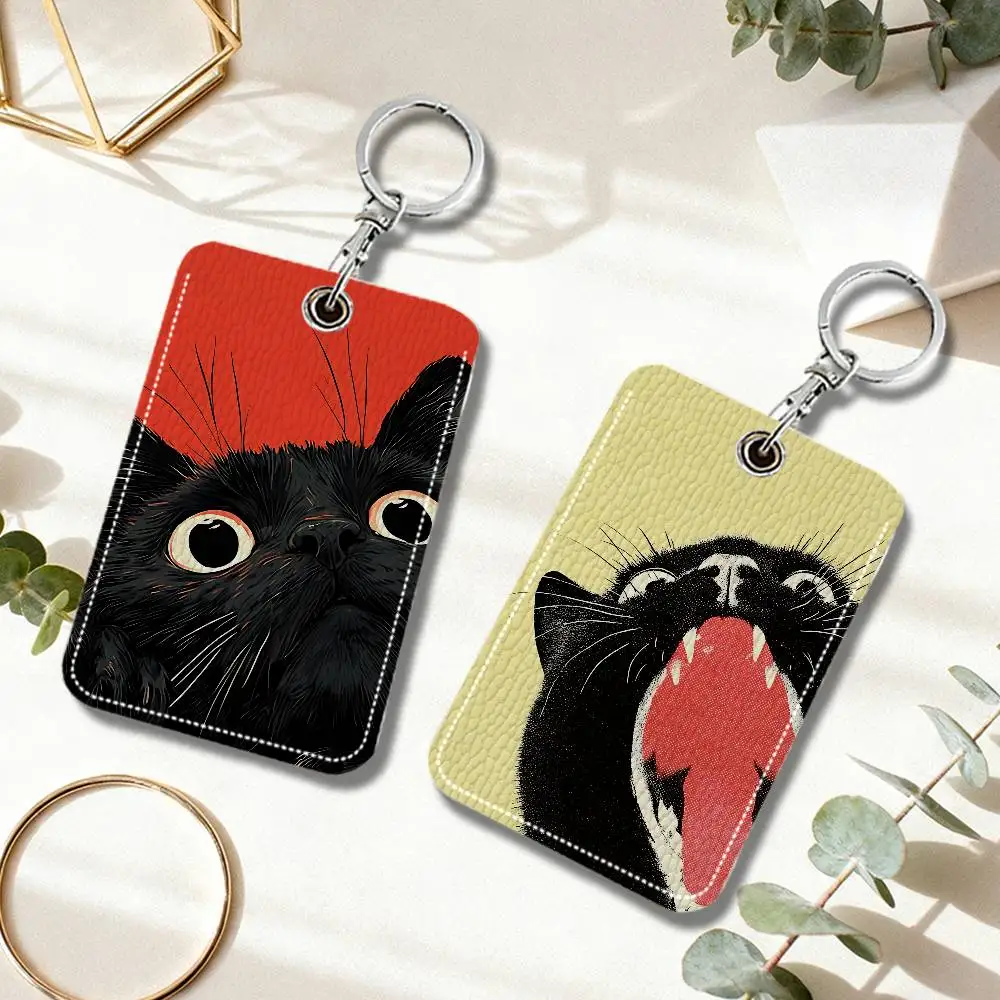 Black Cat Pattern Keyring Leather Access Card Holder Keychain Community Proximity Card Protective Case