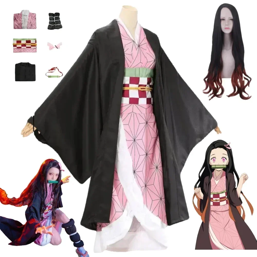 

Kamado Nezuko Cosplay Kostuum Anime Kimono Kamado Nezuko Pruik Uniform Halloween Vrouwen Kinderkleding