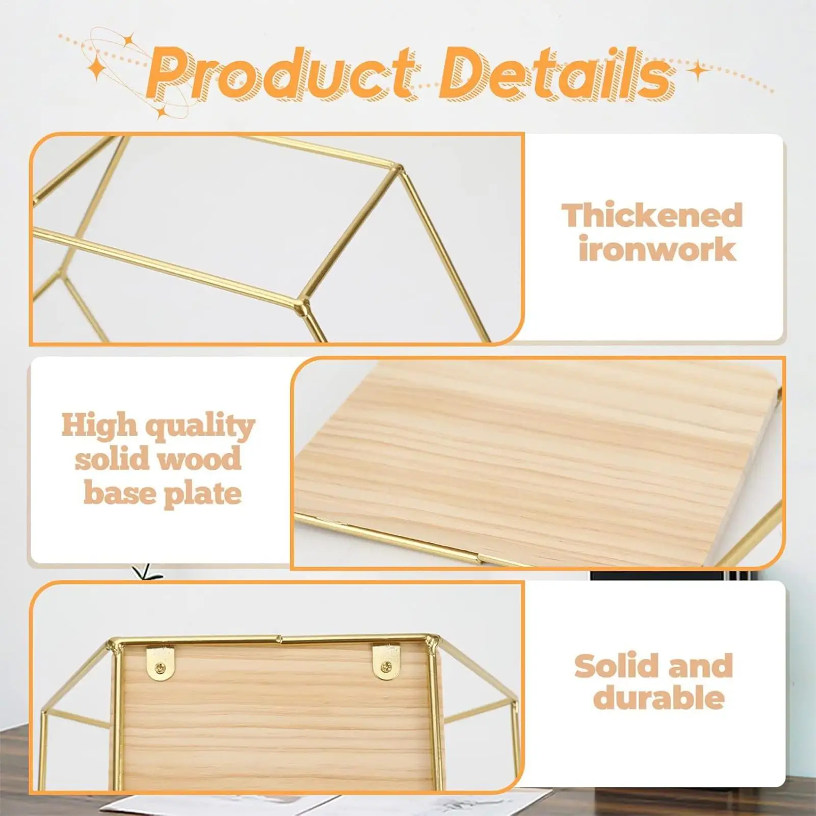 5Pcs Wall Mounted Hexagon Shelf Metal Wood Storage Shelves Sundries Storage Holder Wall Decor For Bedro​om Living Room