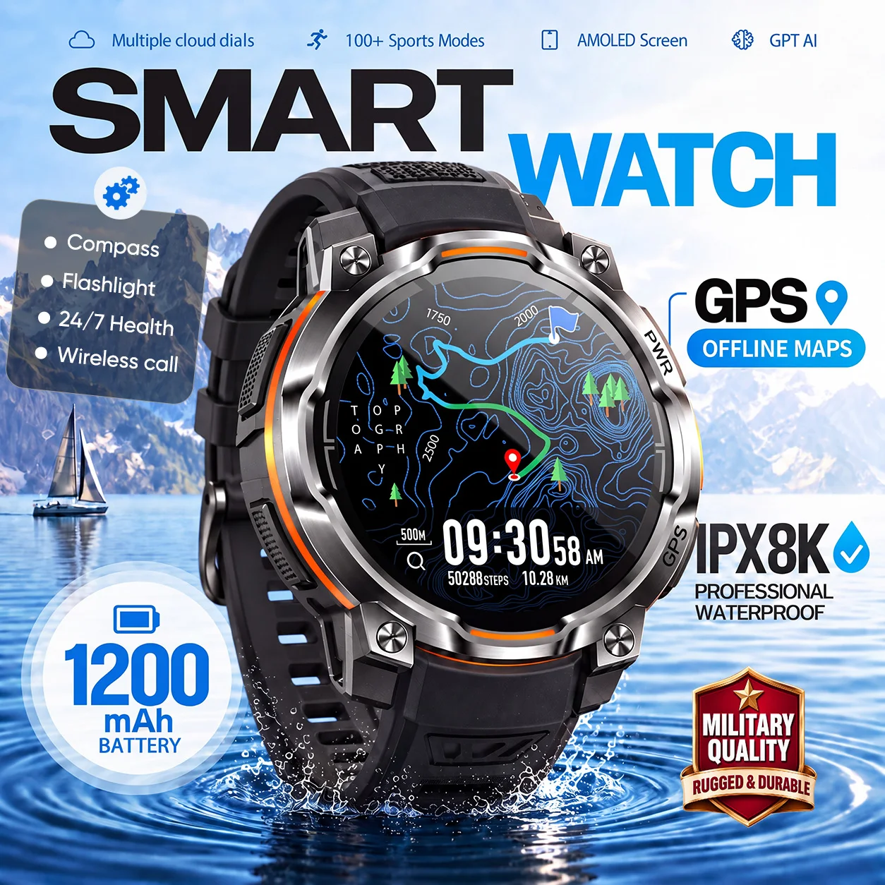 2026 Offline Maps Smart Watch GPS Navigation 10ATMWaterproof 1200mAh Compass Altimeter Barometer Call 100+Sport Bracelet Climber