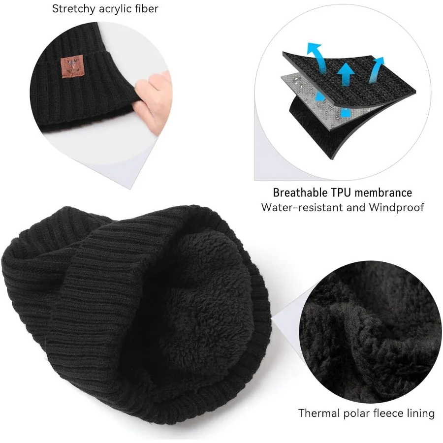 Gorro de malha OZERO Chapéu de inverno térmico grosso de lã polar com caveira de neve para homens e mulheres