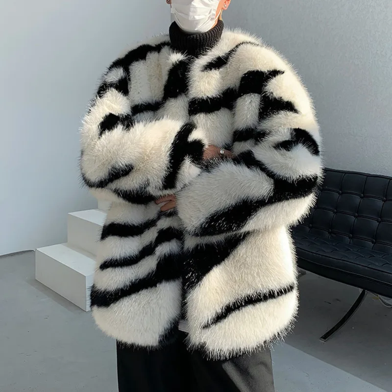 IEFB Male Loose Fur Coat Men\'s Contrast Color Striped Round Neck 2024 Autumn High Street Male Cotton Overcoat Stylish 24A1117