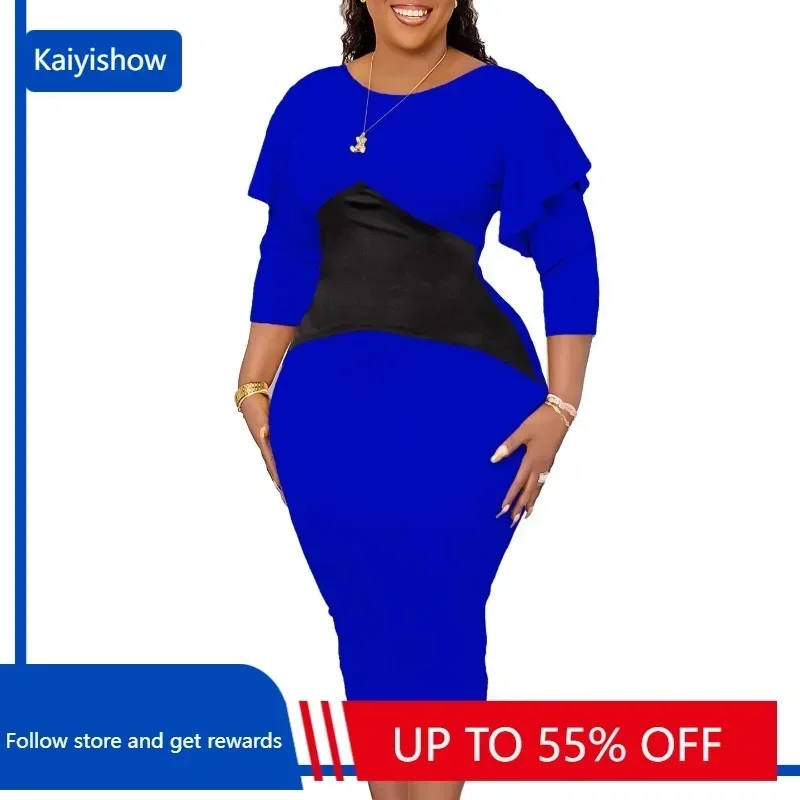 Plus Size Autumn And Winter New Patchwork Long Sleeved Round Neck Commuting Style Slim Fit Wrap Buttocks Mid Length Dress