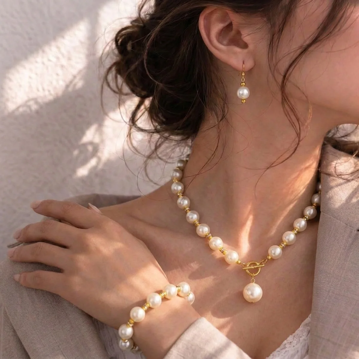 Elegant Simulated Pearl CCB Beaded Necklace Earrings Set For Women Minimalist Geometric Pearl Beads Choker Wedding Party Jewelry