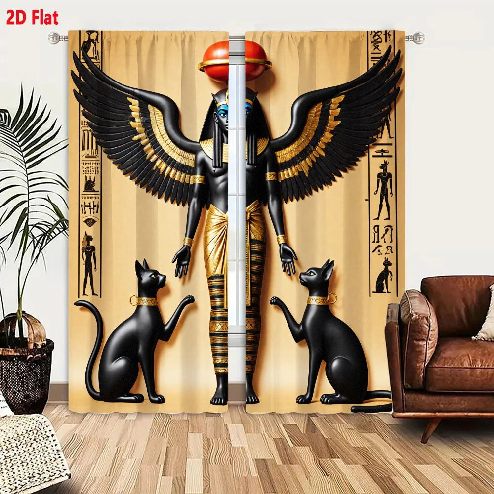 2Pcs Curtains 2D Flat Ancient Egyptian Style Black Skin Winged Figure Statue with Golden Attire and Blue Headdress Flanked by Bl