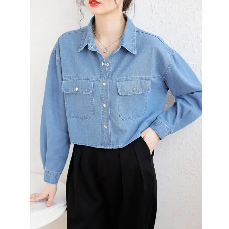 

Women's Short Denim Jacket Loose Fit Casual Cropped Denim Shirt Coat for Spring Autumn