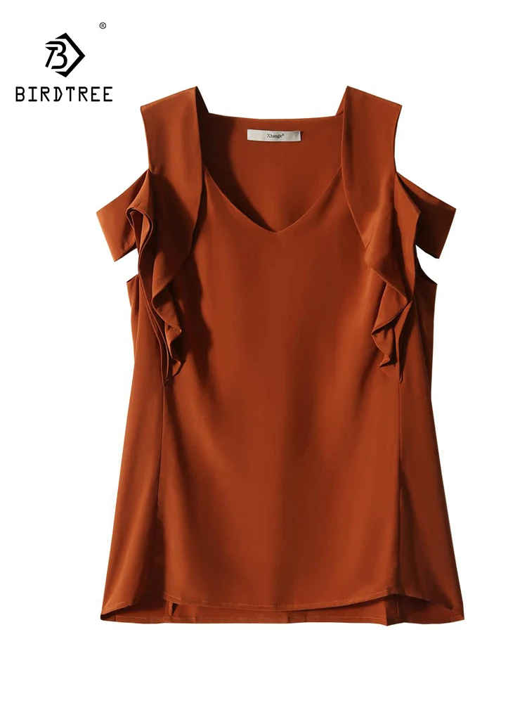 

BirdTree, 100%Mulberry Silk Elegant T-Shirts, Women Sleeveless Solid, French Ruffles Commute Tee, 2024 Summer Autumn T48676QC