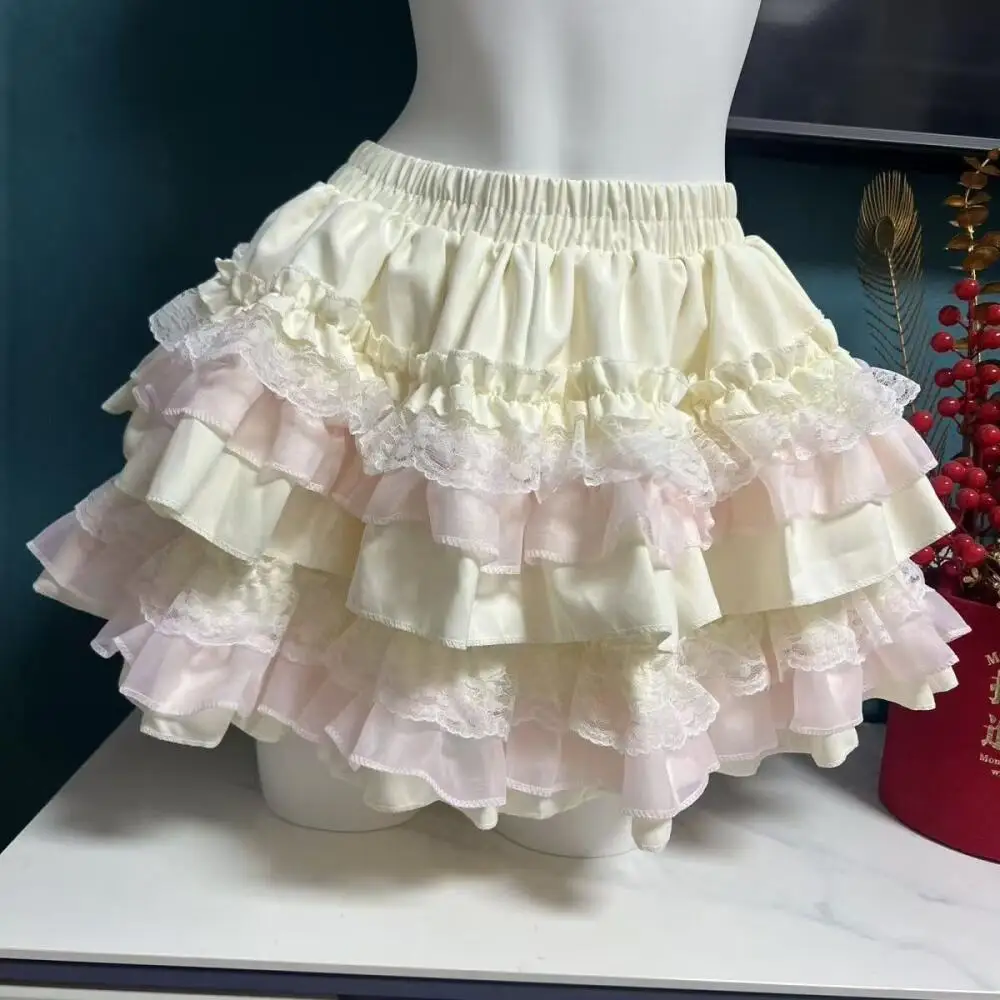 Japanese Womens Y2K Cute Ruffled Layered Skirt 2026 Sweet Lace Cake Skirts High Waist Puff Skirt Cute Lolita Skirt Summer Cloth