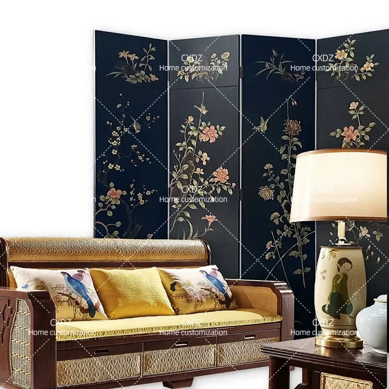 Modern Chinese Retro Folding Screen Mobile Partition for Entrance Living Room Bedroom Hand Painted Lacquer Customizable
