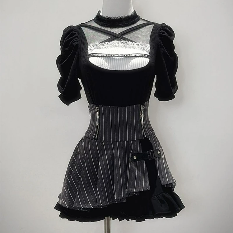 

Japanese Style Gothic Lolita Skirt Set Women Sweet Lace Patchwork Knitted Top Stripe Slim High Waist Mini Skirts Casual Y2k Suit