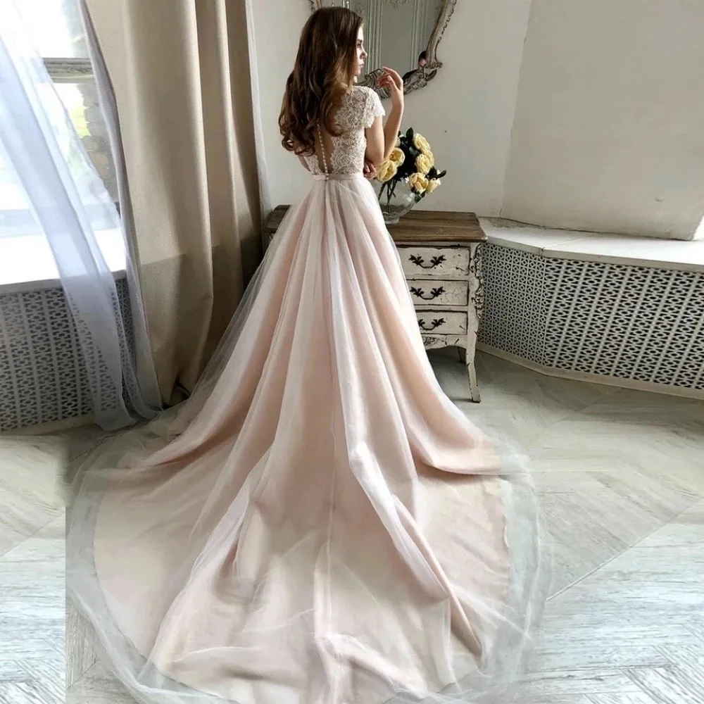 Boho abiti da sposa con scollo a v manica a berretto Appliques di pizzo trasparente Backless a-line Tulle lunghezza del pavimento abito da sposa Vestido De Novia