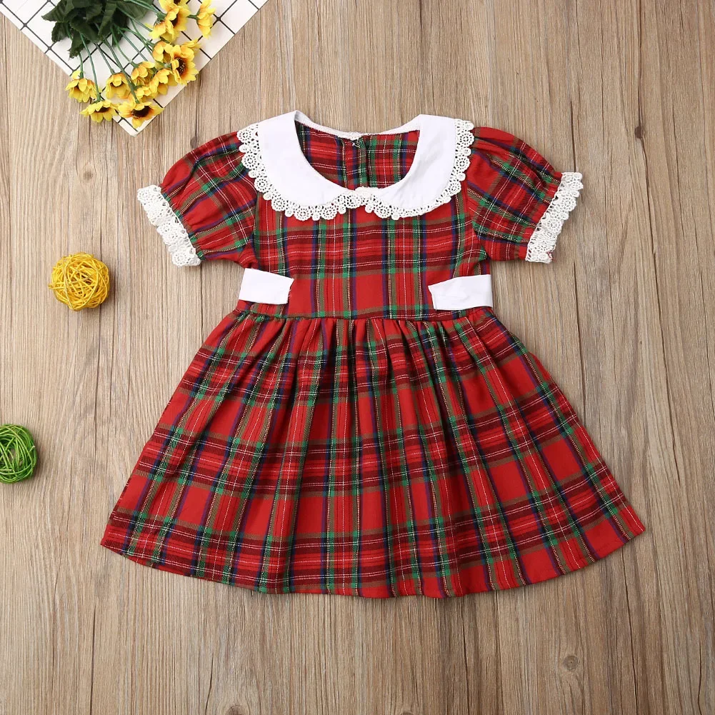 Princess Girl Clothes Versatile Simple Trendy Dress Doll Collar Red Checkered Short Sleeved Lace Daily Exquisite Child Clothing