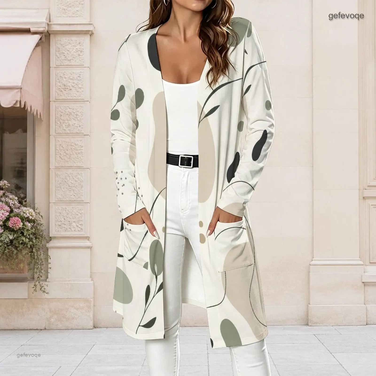 Women Cream Base Abstract Leaf Geometric Printed Long Sleeve Open Front Longline Cardigan