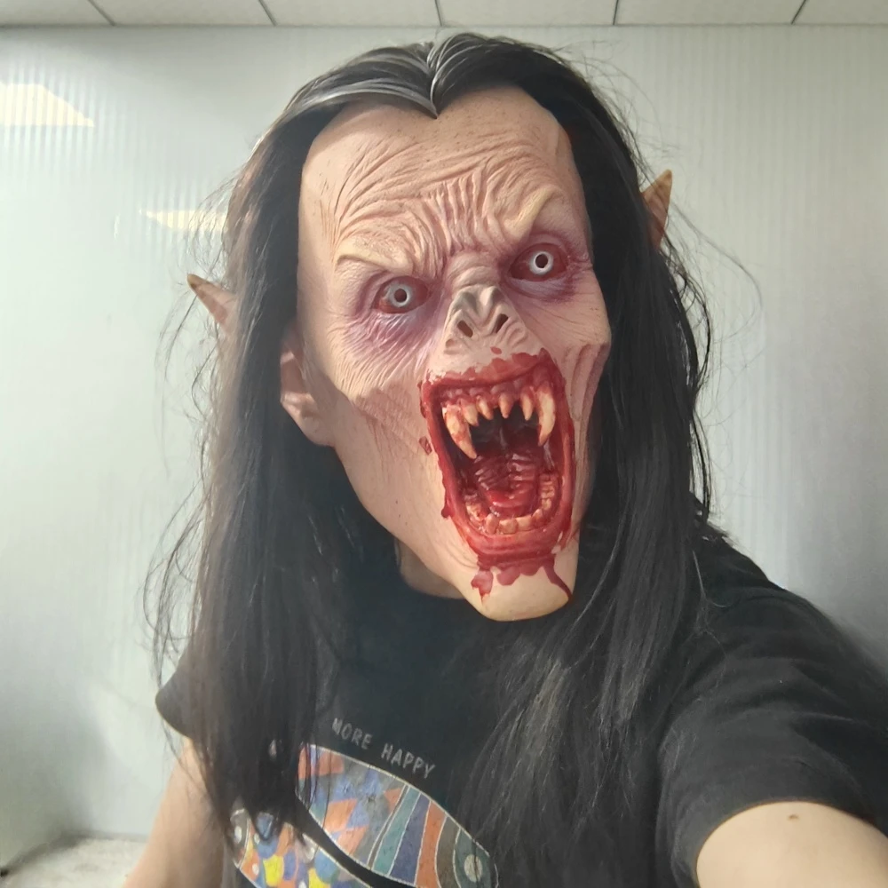 

Dracula's Daughter Lifelike Halloween Horror Nights Mask with Bloody Sharp Teeth Long Hair Vampire Rubber Costume Prop for Adult
