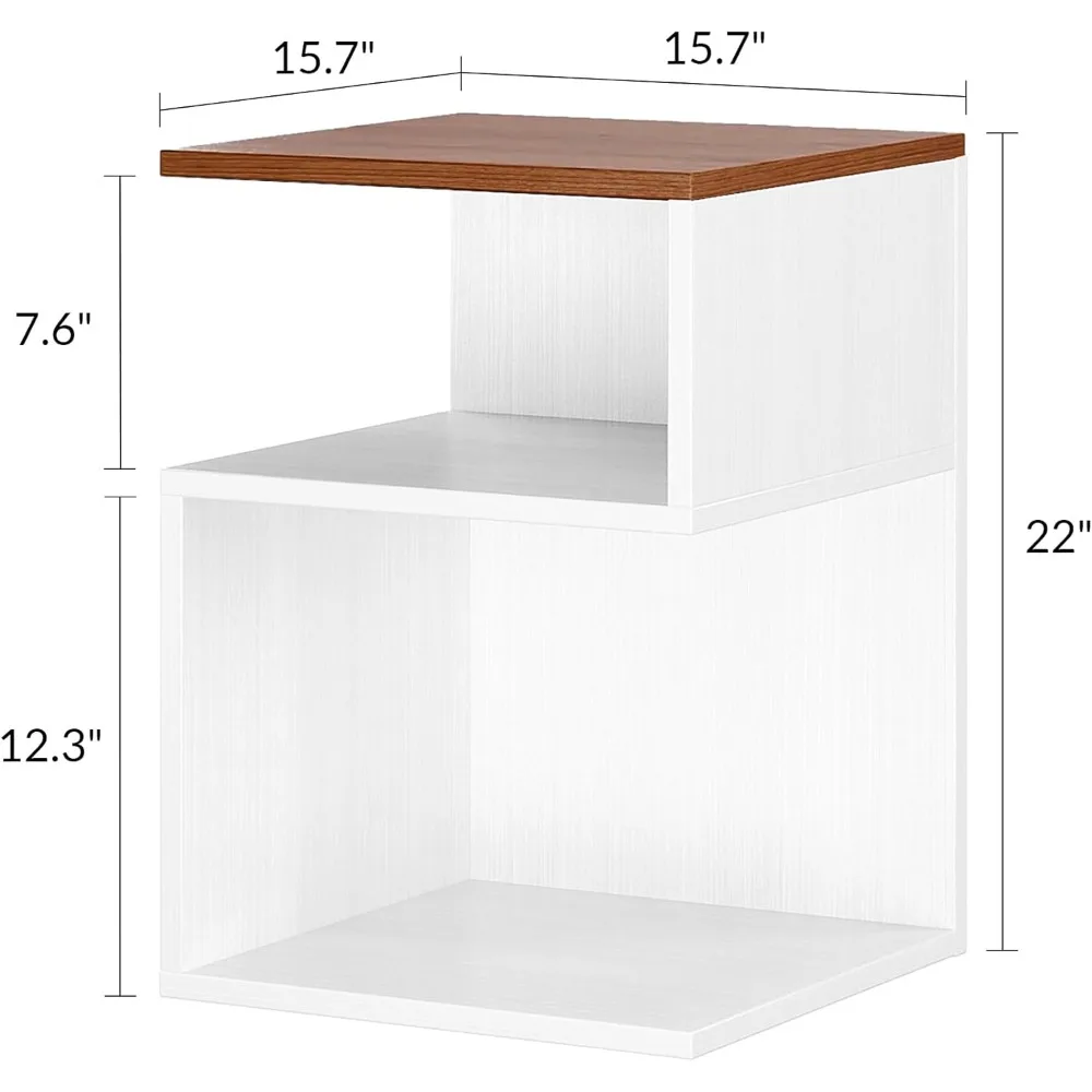 S Flip Minimalist 3 Tier End Table - with Open Storage - Japanese-Inspired Bedside Table for Bedroom (Reverse, Walnut&White)