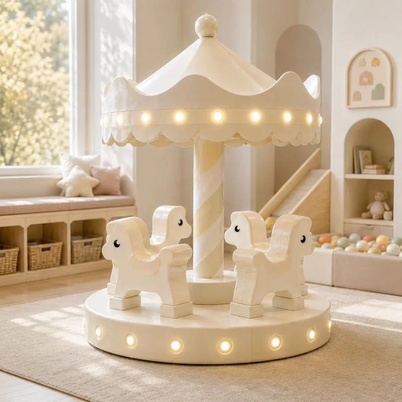 Custom Luxury Cream White Kids Soft Play Carousel Electric Animal Pony Ride with LED Light for Indoor Playground Kids Cafe