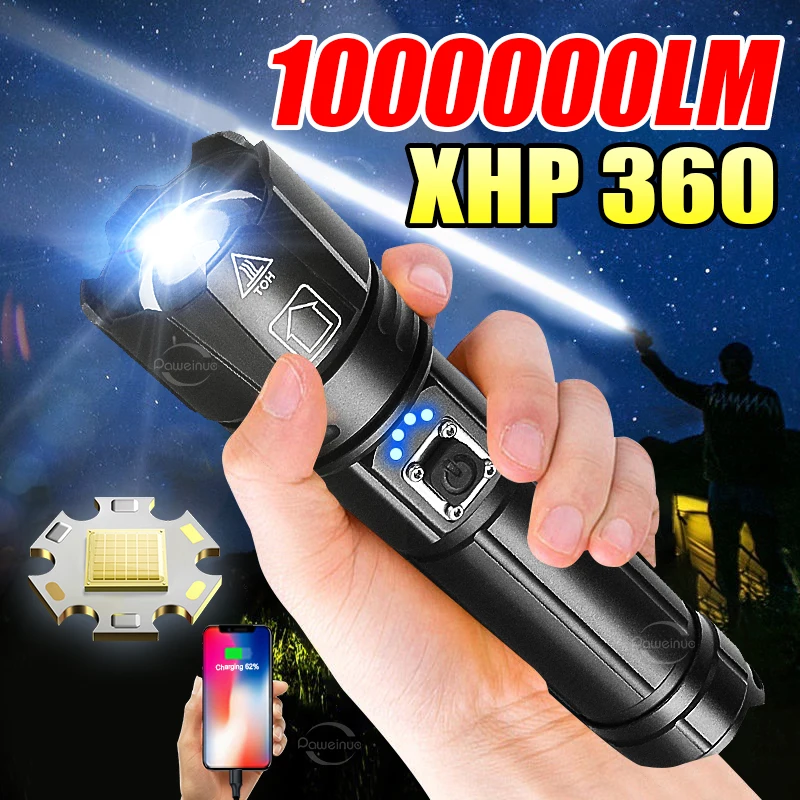 Newest Rechargeable Flashlight XHP360 1000000LM Most Powerful Torch High Power LED Flashlights Wterproof Light Tactical Lantern