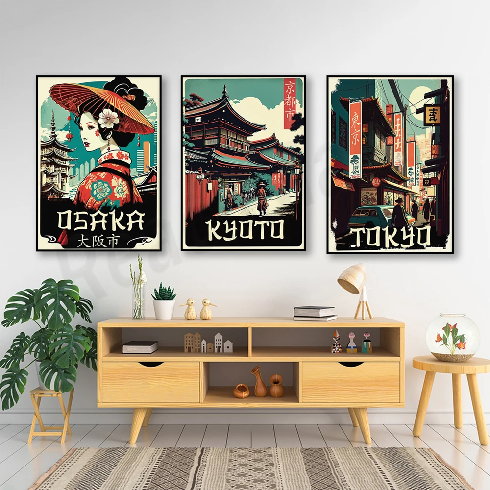 Vintage travel poster, Tokyo Osaka Kyoto city poster
