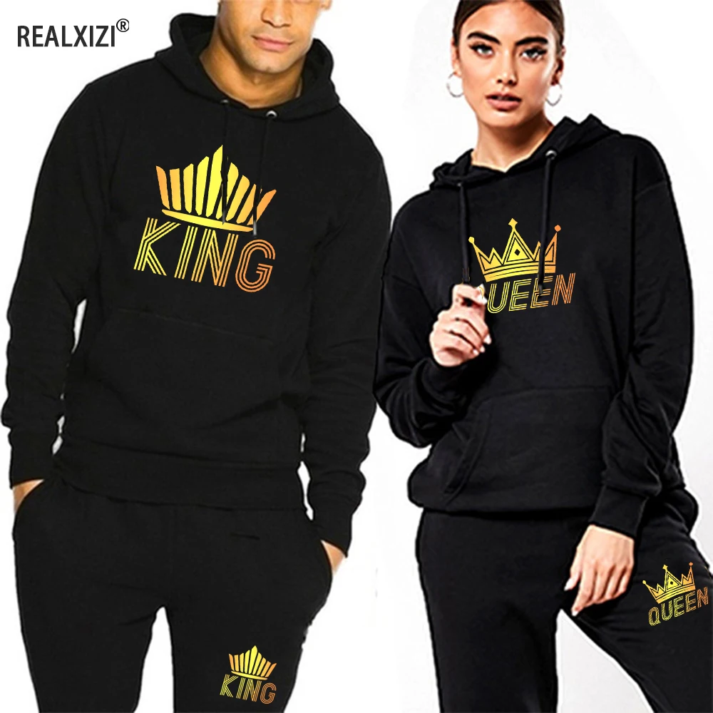 Chándal con estampado de rey o reina para hombre y mujer, conjunto de Sudadera con capucha y pantalones para parejas, ropa deportiva informal a la moda, ropa de calle para correr