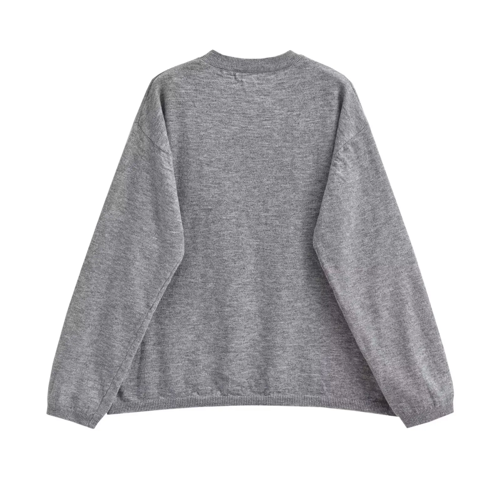 Maxdutti Autumn French Loose Sweater Lazy Style Button Waist Round Neck Grey Knit for Women