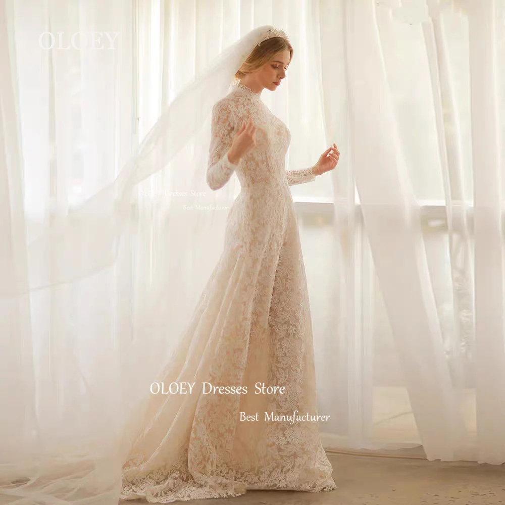 OLOEY Exquisite Lace Wedding Dresses High Neck Long Sleeves Bridal Gowns Robe De Marriage Sweep Train Button Back Customized