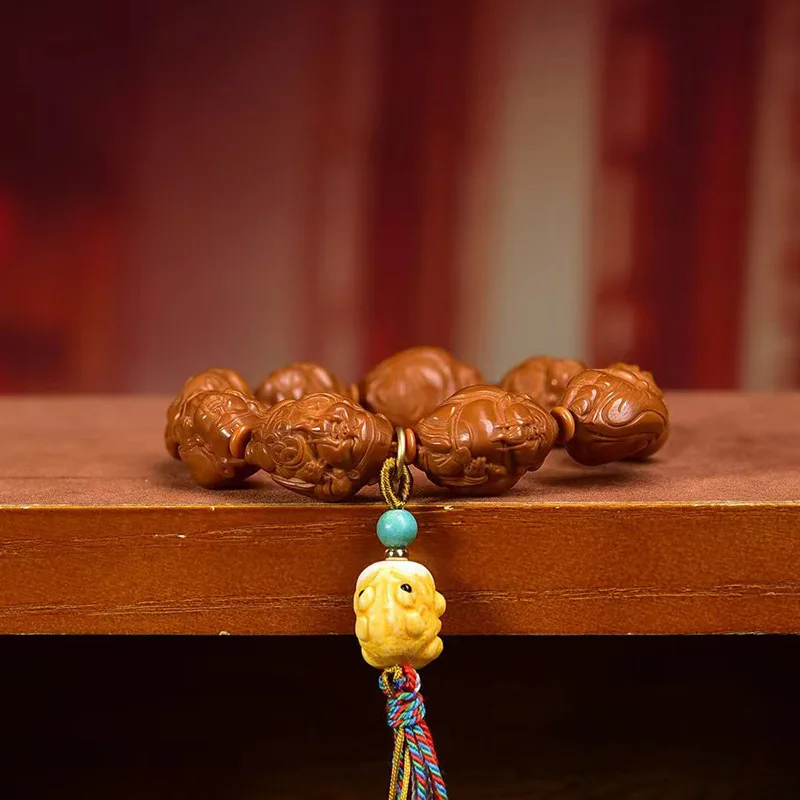 Olive Stone Single Circle Carved Eight Gods of Wealth Buddhist Beads Genfu Golden Cicada Back Cloud Vintage Bracelet