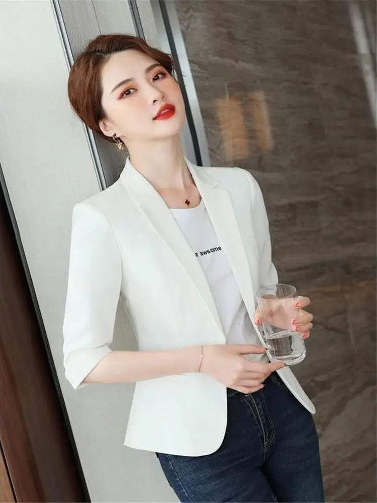 夏薄手カジュアル無地レディースブレザー ジャケット半袖クリーンフィットスタイルオフィスウェアワンボタン留め