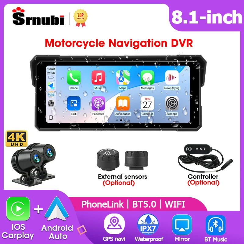 

Srnubi Universal 8.1 inch Motorcycle GPS Navigation 4K DVR IP67 Waterproof Wireless Carplay Android Auto Moto Recorder Monitor