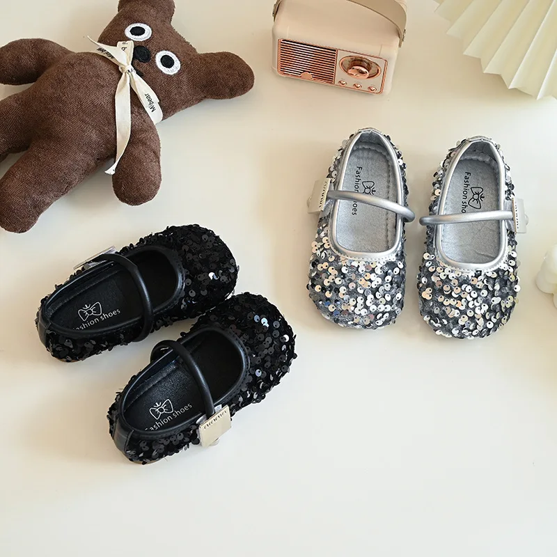 Girls Soft Bottom Leather Shoes2024Autumn New Children's Sweet Sequins Princess Shoes Korean Style Stylish Pumps