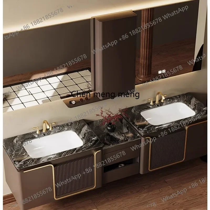 French retro oak bathroom cabinet combination bathroom luxury stone double basin hand wash station