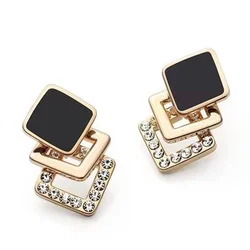 Black Geometric Compact and Simple Temperament Clip on Earrings Rhinestones Women's Gift Earrings Jewelry