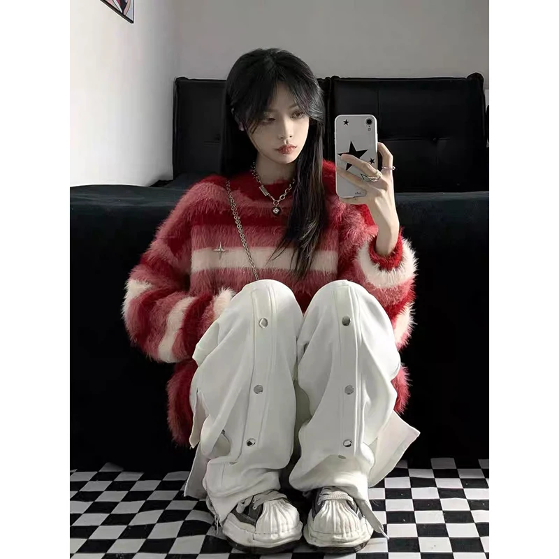 YIBASHU Women's Red Striped Pullover O-Neck Sweater Vintage 2000s Jumper Knit Long Sleeves Cashmere Sweater Autumn Winter 2025