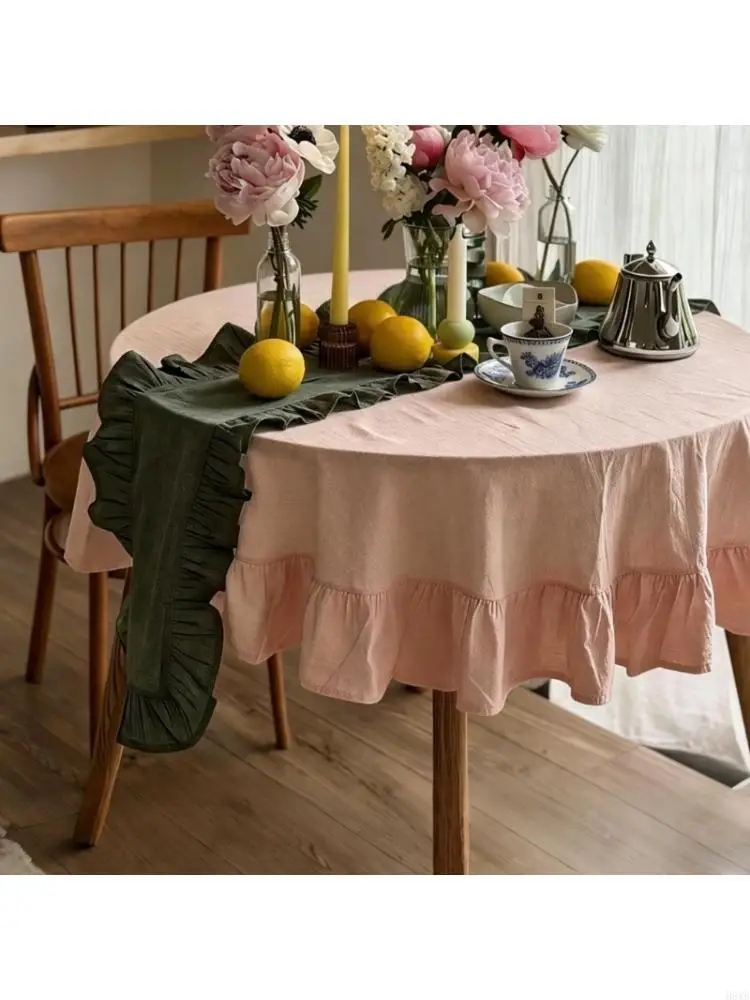 H8WB Round Table Cover with Flounces Trim, 140 x 140 Ruffled Washable Tablecloth for Tea Time, Kitchen Table and Daily Meals